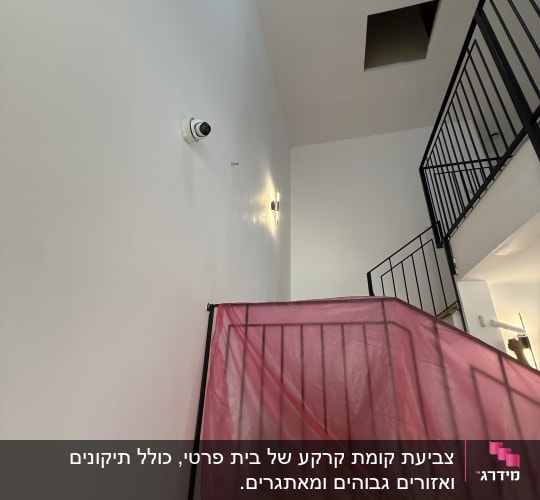 קיר צבוע עם מצלמה ומעקה מכוסה בניילון ורוד